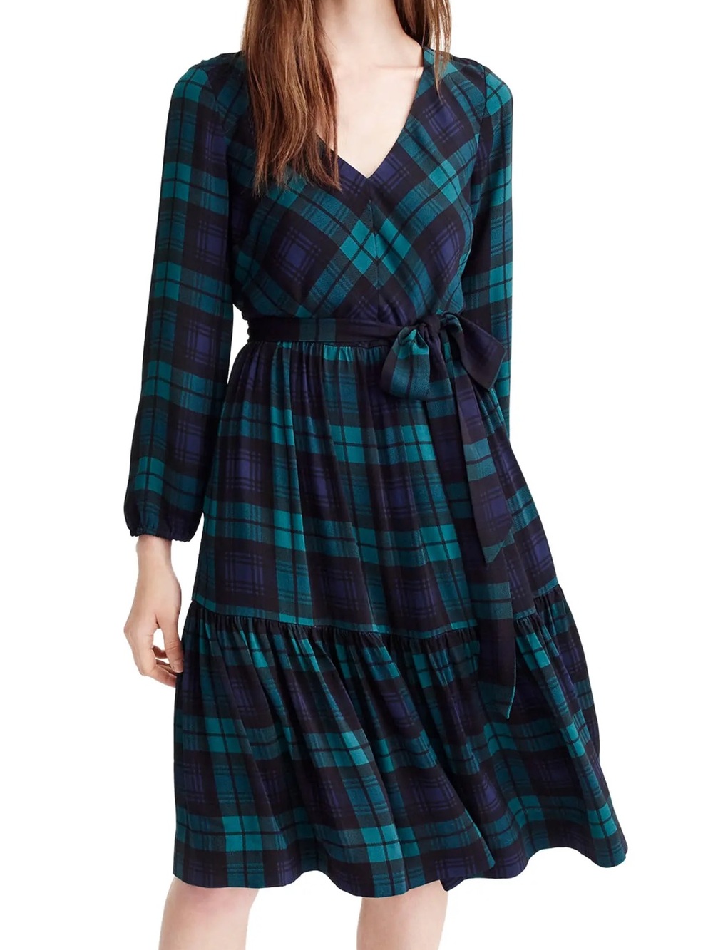 J. Crew Black Watch Plaid Tiered Midi Dress with Belt Size 8
